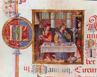 Mês de Janeiro: cena do banquete. Miniatura do Breviário de Hércules (Ercole) I d