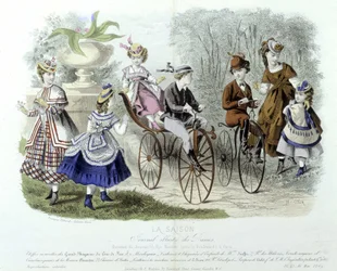 Mães, crianças e bicicletas no jardim de infância (à moda infantil) - no "Le journal illustré des dames".