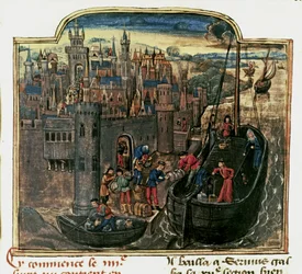 NAVEGAÇÃO: Carregamento de um navio mercante, finais do século XV (miniatura)