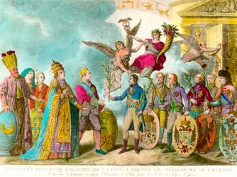 Napoleão Bonaparte (1769-1821) apresenta a oliveira da paz a todas as potências da Europa. Gravura 1801 Colecção privada