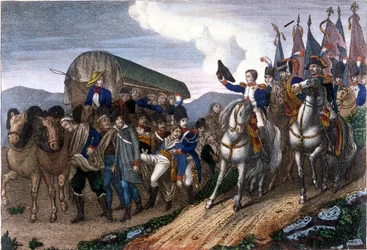 Napoleão faz continência aos soldados feridos. Gravura do século XIX.