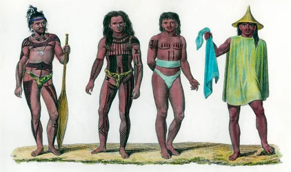Ilhas naturais de Iros Penelap e Aouara, população do continente oceânico. Gravura do século XVIII. Colecção privada.