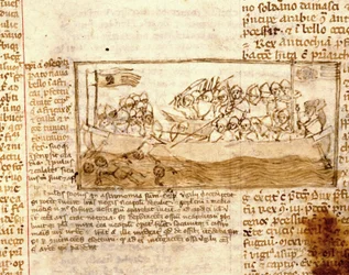 Batalha naval entre Sarracenos e Cruzados em 1120. De acordo com o manuscrito "Peregrinationem in terram sanctam" do século XII. Marciana, Veneza.