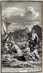 Neptuno, indigno de ver as forças e obras dos gregos, deixa o mar para se transportar para o seu acampamento e para se erguer sob a figura de Calchas que então toma, sua coragem quase totalmente destruída. Ilustração do livro XIII da Ilíada de
