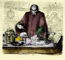 Nicolas Flamel (1330 - 1418) em seu laboratório.