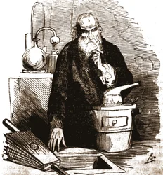 Nicolas Flamel (1330 - 1418) em seu laboratório.