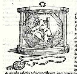 O segundo fato de Nicoli Fontana chamado Tartaglia (1499 - 1557). Ele fornece uma esfera de cristal na qual o mergulhador se fecha. Gravura do século XVI.