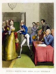 "Nem todos os tolos estão no hospital." Ilustração de uma colecção de provérbios do século XVIII.