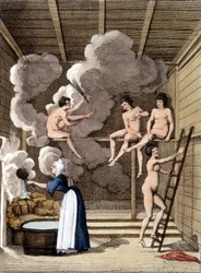 Personagens nuas em uma sauna filandesa. Gravura de 1811 inclui um livro sobre a viagem.
