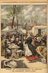 Por ocasião da coroação do czar Nicolau II, é oferecido um banquete popular a 500.000 russos no campo de manobras de Khodynka, em Moscovo, precedido de representações teatrais. Gravura em "Le Petit Journal", 17/05/1896. Coleção Selva.