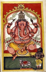 Página que retrata a divindade hindu Ganesha (Ganesh ou Ganapati), padroeira dos comerciantes, viajantes e ladrões. Página extraída do manuscrito (ms.8300) "História de Mogol" (Moghul ou Moghol) de Stefano Nivibus Cardeira. Século XVIII. Bibloteca marciana