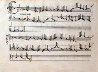 Página da partitura musical de Harmonice Musices Odhecaton de Ottaviano Petrucci (1501)