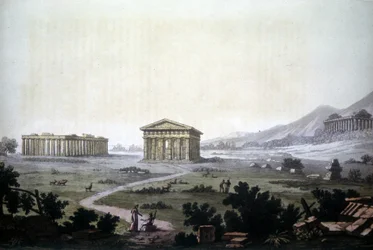 Pintura retratando os templos de Paestum, atual Capaccio.