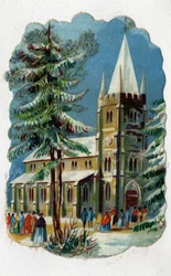 Os paroquianos vão a uma igreja para a missa dominical. Cromolitografia por volta de 1890.