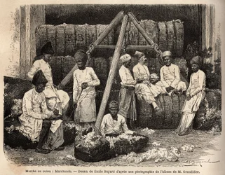 Comerciantes e comerciantes parsi no mercado de algodão de Bombaim. Gravura para ilustrar a viagem nas províncias meridionais da Índia, de Alfred Grandidier, em 1862-1864, publicada em "Le tour du monde" 1869, editada por Edouard Charton, edição Hachette, 