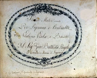 Partição do "Stabat Mater" de Jean Baptiste Pergolese (Giovanni Battista Pergolesi, Jean-Baptiste) 1710-1736. "Stabat Mater para soprano e alto com violinos, viola e baixo".