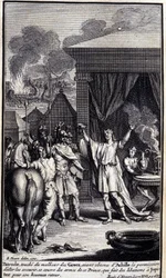 Patroclus, toca a desgraça dos gregos, tendo obtido permissão de Aquiles para ir resgatá-los, cobre-se com as armas deste príncipe, que faz libações a Júpiter para o seu feliz regresso. Ilustração do livro XVI da Ilíada de H