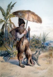 Performance de Robinson Crusoé, personagem do romance homônimo de Daniel de Foe ou Defoe (1660 - 1731)