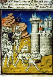 Philip II Auguste (1165-1223) a Chinon - Miniatura em "Grandes Crônicas de Saint-Denis", final do século XIV. (ref. 512, 237r) Pedido de autorização para a Bibliotheque Municipale de Toulouse (tel: 05 62 27 66 66)