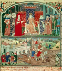 Philippe o Bel trunant (1268-1314) com cena de arado e cena mercantil. Miniatura em "Livre du régime des princes" de Gilles de Rome (v.1247-1316), Paris, B N