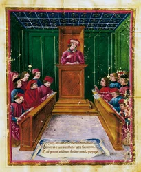 Pietro da Unzola leccionando a partir de texto legal aos alunos durante a aula de Direito na Universidade de Bolonha, Miniatura do manuscrito Liber iurium et privilegiorum notariorum Bononiae, Itália