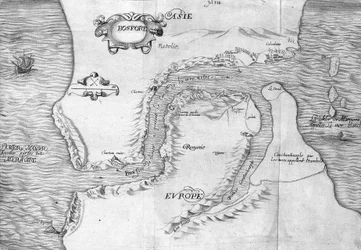 Plano mostrando o Estreito de Constantinopla (hoje Estreito de Bósforo (Bosporos) - em "Voyage de levant made by the command of the king in the year 1621", editado em 1629 (sob o reinado de Luís XIII Le Juste)