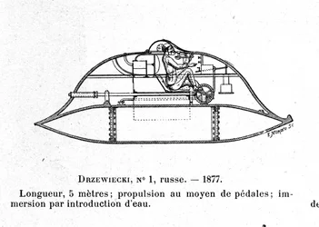 Placa representando o submarino Drzewiecki 1, um submarino de pedais projetado pelo inventor e engenheiro Stefan K. Drzewiecki (1844-1938). 1877 aproximadamente.