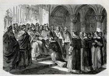 O Papa Adrien II (792-872) entregou a um de seus legados uma bolha de excomunhão contra o Senhor Normand. Gravura - em "History of the Popes", sd. Século XIX.