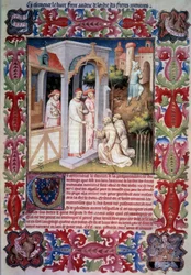 O Papa João XXII confia a Odorico de Pordenone (franciscano) a missão de evangelizar o Mar Ultramar. Homens conduzindo perdizes a Trabzon. Armas e emblema de João Sem Medos. As armas de Jean de Berry. Miniatura em "Itinerário". O Livro das Maravilhas",
