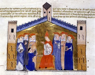 O papa João XXII de Avinhão recebe do autor o aparato de Clemente V (Cisma). Manuscrito do século XV. Biblioteca Nazionale Braidense, Milão.