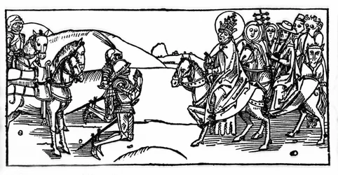 O Papa Leão I encontra Átila e o detém - Gravura de "Leben der Heiligen - sommerteil" (O livro do santo) de Jacobus (Tiago) de Voragine (1228-1298). Lubeck 1488.