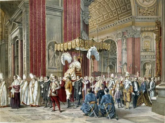 O Papa Pio IX (1792-1846) foi à cerimônia de abertura em 12/08/1869 do primeiro Concílio Vaticano na Basílica de São Pedro. Está na Sedia Gestatoria. Ilustração da época.