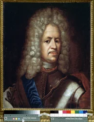 Retrato de Alexander Danilovich Menshikov, Generalíssimo, Príncipe do Sacro Império Romano e Duque da Hungria (1673-1729). Pintura anônima. Óleo sobre tela, 61 x 50 cm, por volta de 1720. Arte rococó. Museu Estatal de História, Moscou.