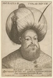 Retrato de Mourad III (1546-1595), sultão otomano - Murad III (1546-1595), sultão do Império Otomano - Anónimo - 1593 - Gravura - 18,5x12,3 - Colecção Privada