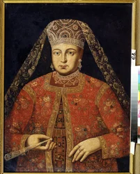 Portrait de la tsarine Marfa Matveyevna (1664-1715) (Retrato da czarina Marfa Matveyevna). Peinture anonyme, 79 x 60 cm, debut 18e siecle. M.Tuganov Art Museum of the North Ossetian, Vladikavkas (russie).