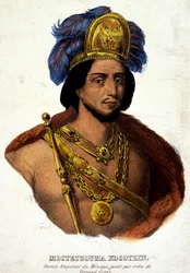 Retrato de busto de Moctezuma (ou Montezuma), último imperador do México - ilustração do século XIX d.C., documento do século XVI