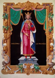Retrato no pé do Rei da França Filipe I (1052-1108). Miniatura em "Recueil des rois de france" de Jean du Tillet