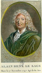 Retrato de Alain Rene Lesage (Alain-Rene Le Sage) (1668-1747) Escritor francês. Gravura do século XVIII. Coleção Particular