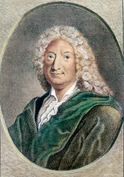 Retrato de Alain Rene Lesage (Alain-Rene Le Sage) (1668-1747), escritor francês. Gravura do século XVIII. Coleção particular