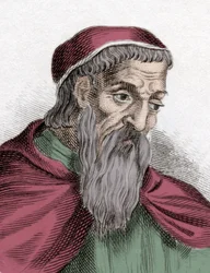 Retrato de Américo Vespúcio (1454-1512), navegador e explorador italiano. Gravura do século XIX.