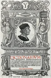 Retrato de Antonio Martínez de Cala, chamado Antonio de Nebrija (1441-1522), humanista e gramático espanhol. Folha de guarda do seu dicionário, publicado em 1536. Biblioteca Nacional de Madrid.