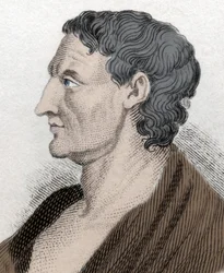Retrato de Aristóteles, conhecido como o Estagirita, em grego Aristoteles, filósofo grego (384 a.C. a 322 a.C.). Gravura do século XIX.