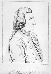 Retrato de Baldassare Galuppi. Compositor italiano (1706 a 1785) Gravura veneziana do final do século XVIII