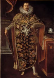 Retrato de Charles Henri de Clermont Thonnerre (1571-1640) em Vestido de Cavaleiro da Ordem do Espírito Santo (Ordem do Espírito Santo) Pintura anônima. Século XVII. Paris, musee de la Legion d