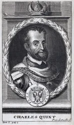 Retrato de Carlos V (1500-1558), Rei de Espanha e da América espanhola, Rei da Sicília e Imperador do Sacro Império Romano Germânico (1519-1556). Gravura para ilustrar a "História da Guerra da Flandres", de Flamianus Strada, edição Joseph T