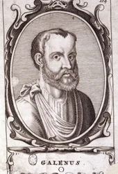 Retrato de Cláudio Galeno (Klaudios Galenos ou Claudio Galeno ou Galeno, c. 131 - c. 201), médico grego. Gravura do século XVIII.
