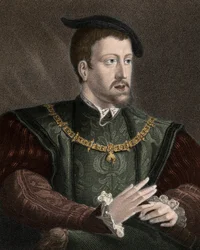Retrato do Imperador Carlos V (1500-1558) com o colar da Ordem do Velo de Ouro - Carlos V (1500-1558) usando a corrente da Ordem do Velo de Ouro ao pescoço - gravura - século XIX