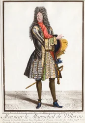 Retrato de François de Neufville, Duque de Villeroy (1644 - 1730), marechal da França. Gravura do século XVIII. Coleção particular.