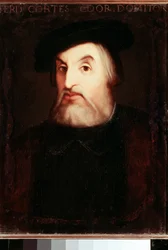 Retrato de Hernan CORTES (1485-1547), conquistador espanhol do México. Pintura anônima. Madrid, Biblioteca Nacional.