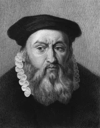 Retrato de Jean Calvin (1509 - 1564), reformador e escritor religioso francês - em "Histoire des Français" de Lavallée, gravura, n.d.